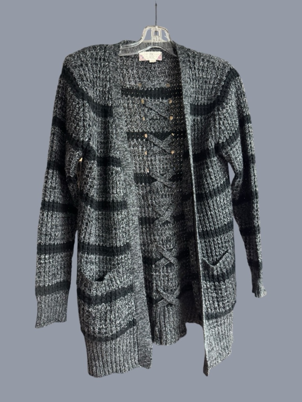 Pink Rose Gray Striped Open-Front Knit Cardigan